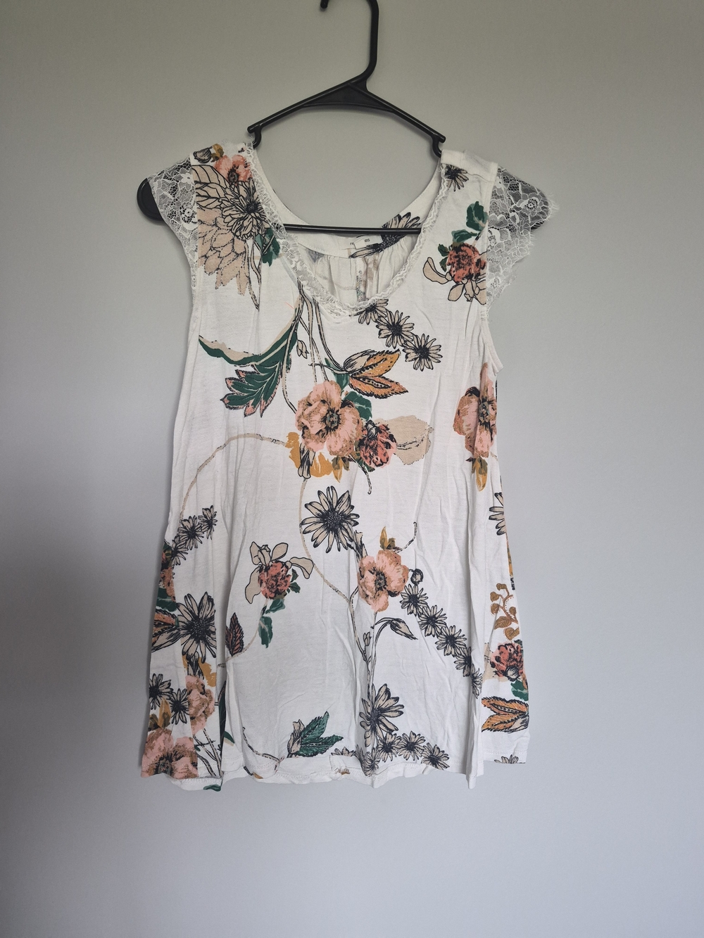 Maurices White Floral Lace Cap-Sleeve Top with Pink & Green Accents